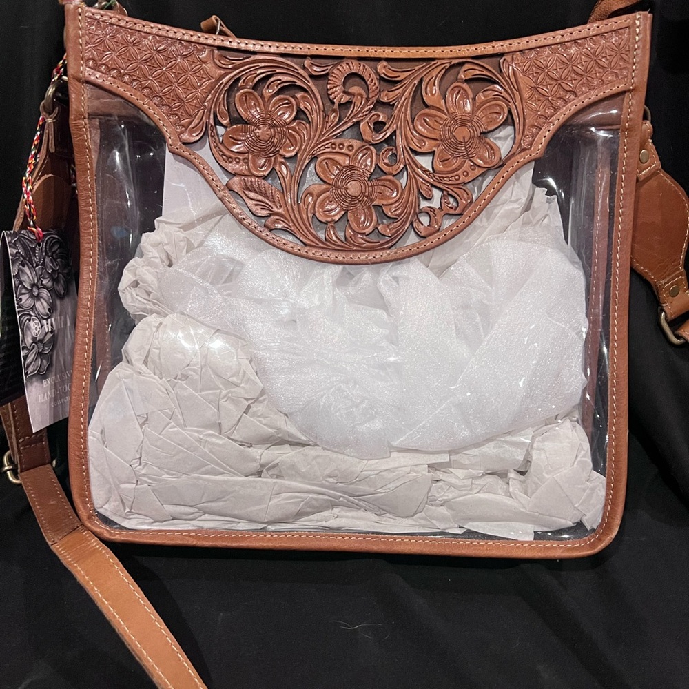 Myra Clear Vinyl and Tooled Leather Crossbody Bag with Floral Design